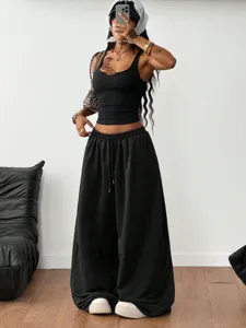 Women casual two-piece set slim crop tank top and wide leg sweatpants streetwear.