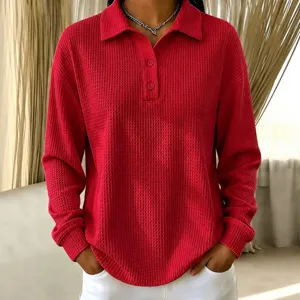 Red waffle knit polo long sleeve top for women casual loose button down shirt blouse
