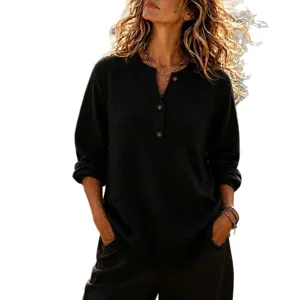 Women waffle knit Henley long sleeve top casual button loose fashion t-shirt everyday wear