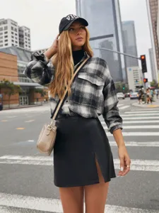 Women plaid flannel shirt casual long sleeve button down turn down collar vintage outerwear top