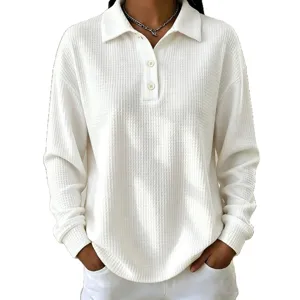 Women's waffle knit polo long sleeve top, casual loose button-down lapel t-shirt for daily wear.