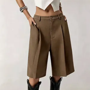Women Casual Solid Color Suit Shorts Summer Fashion Versatile Commute Loose Straight Leg Bermuda Shorts
