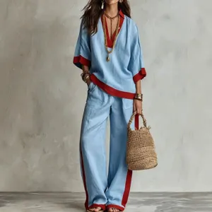 Women linen two piece set casual loose V neck top and wide leg pants with contrast color.
