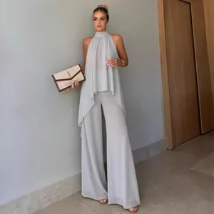 Summer casual irregular sleeveless solid color pants set for women, elegant two-piece outfit.