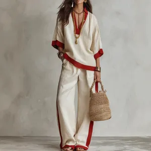 Women linen casual two piece set color block V neck top and wide leg pants outfit