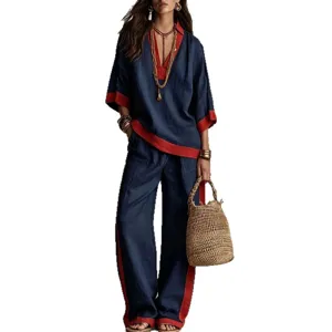 Women linen casual set contrast color V-neck top wide-leg pants autumn fashion outfit