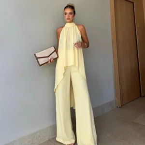 Summer casual solid color asymmetric halter sleeveless top and wide leg pants set for women