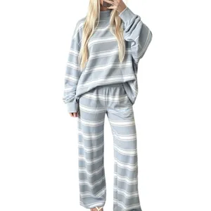 Women striped casual two piece set long sleeve oversized top and wide leg pants loungewear.