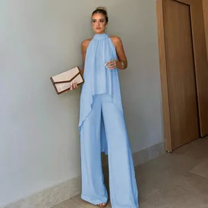 Light blue summer halter sleeveless asymmetric top and wide leg pants set for women casual wear