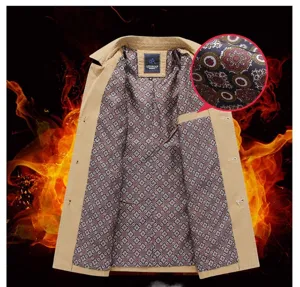 Men mid-length trench coat with vintage floral lining and fleece warm design for autumn.