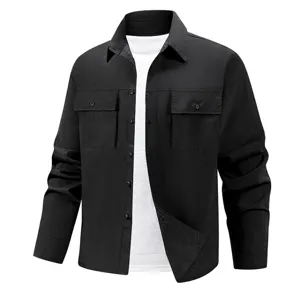 Close-up view of the black tactical long sleeve utility shirt with chest pockets and collar.