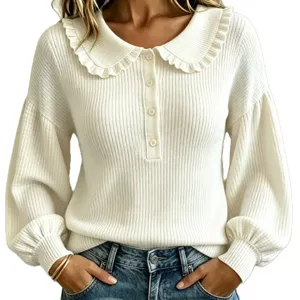 Women white knit sweater ribbed ruffle collar button long sleeve casual chic top