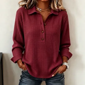Women's Casual Waffle Knit Long Sleeve Button Polo Top Autumn Winter Solid Color Loose Blouse