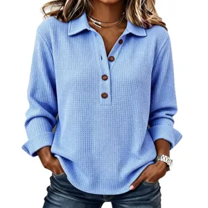 Women Casual Loose Lapel Button Solid Color Waffle Long Sleeve Top New Fashion