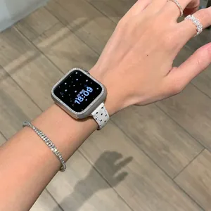 Koreaanse stijl polka dot lederen horlogeband met strass kast voor Apple Watch band.