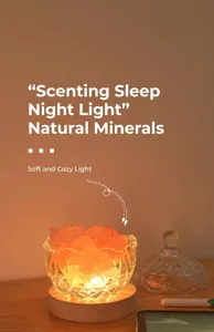 Crystal salt lamp aroma diffuser bedside night light with wooden base and cozy warm glow.