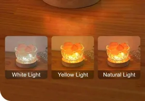 Crystal salt lamp detail view showcasing white, warm, and natural lighting modes clearly.