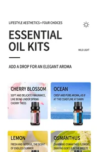Essential oil set with four fragrance options including cherry blossom, ocean, lemon, and osmanthus.