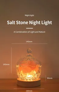 Crystal salt stone night light aroma lamp with wooden base for bedroom bedside decor.
