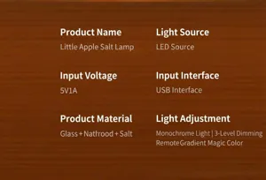 Product specification details showing the mini apple salt lamp features, LED light, and USB power.