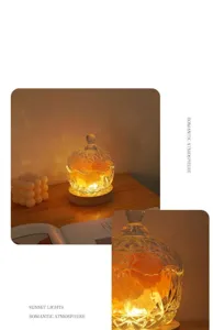 Crystal salt lamp detail view showcasing warm amber glow and textured glass shade.