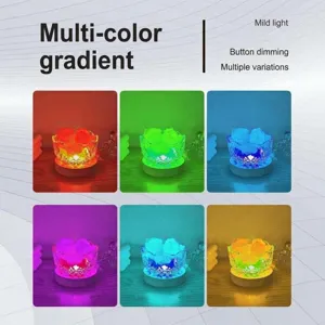 Colorful gradient ambient crystal salt lamp with wooden base, button dimming for bedroom.