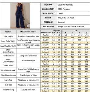 Detailed size chart and specifications for women sleeveless high waist strap jumpsuit casual wear.