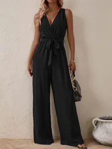Elegant black sleeveless V-neck belted jumpsuit, high waist casual long pants for women.