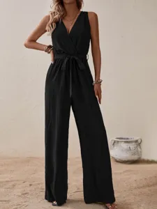 Detailed view of women black sleeveless V-neck wrap jumpsuit featuring high waist tie belt stylish.
