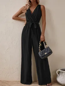 Women's Black V-Neck Sleeveless Jumpsuit High Waist Casual Wide Leg Long Romper with Belt.