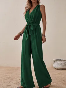 Deep green sleeveless V-neck jumpsuit with waist belt for elegant casual summer wear.