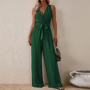 Sleeveless V-neck high waist wide leg jumpsuit with belt, elegant casual fashion apparel for women.