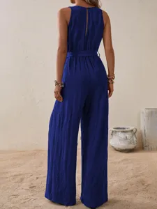 Sleeveless wide leg jumpsuit for women, casual belted high waist design, elegant solid color.