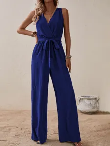 Discover this stylish sleeveless V-neck wrap jumpsuit featuring a high waist and chic tie belt.