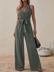 Green sleeveless V-neck jumpsuit with a self-tie high waist and wide legs for casual wear.