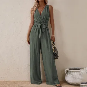 Sleeveless V-neck belted jumpsuit for women, high waist casual long pant overall for daily wear.