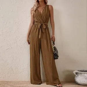 Sleeveless V-neck wide leg jumpsuit detailed view, stylish high waist belted casual summer wear.