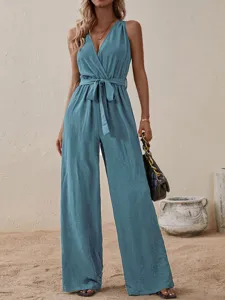 Women sleeveless v neck jumpsuit casual high waist tie belt long pants fashion summer outfit