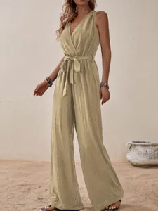 Sleeveless V-neck high waist tie belt wide leg jumpsuit for women casual wear summer daily.