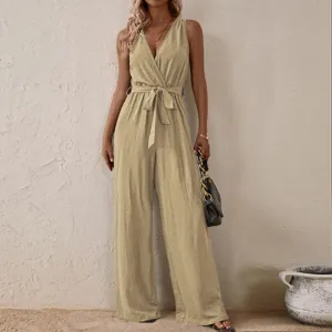 Women Sleeveless V-Neck Jumpsuit Casual High Waist Belted Wide Leg Long Pants New