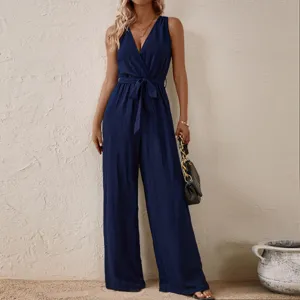 Details of the women sleeveless v-neck wrap high waist jumpsuit with tie belt in navy blue.