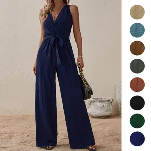 Women's Sleeveless V-Neck Jumpsuit Polyester High Waist Tie Belt Wide Leg Casual Fashion Long Pants Romper For Vacation