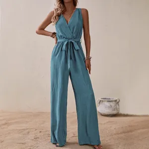 Women's sleeveless V-neck wrap jumpsuit with belt high waist casual wide leg trousers