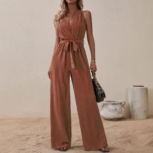 Women Summer Sleeveless Wrap V-Neck High Waist Casual Jumpsuit with Belt Rust Red S-XL