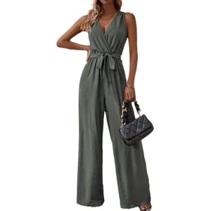 Elegant V-neck sleeveless jumpsuit with waist tie, high waist casual long pants for womenwear.