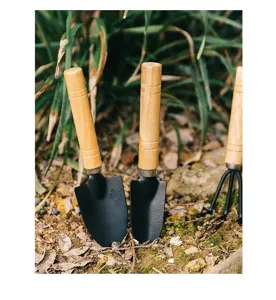 Close-up detail of garden hand shovel with wooden handle placed in natural soil and plant.