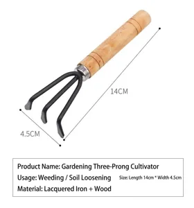 Mini garden hand cultivator with wood handle and metal three tines for soil loosening 14cm