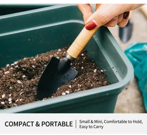Small garden trowel detail close-up showing wooden handle and black metal blade for soil loosening.