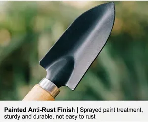 Detailed view of garden metal hand trowel with wooden handle for planting and potting.