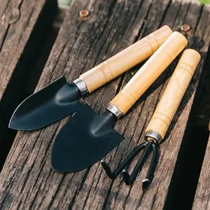 Iron Gardening Tool Set With Wood Handle Mini Shovel Rake Hand Cultivator For Home Potted Flower Bonsai Planting Loosening Soil